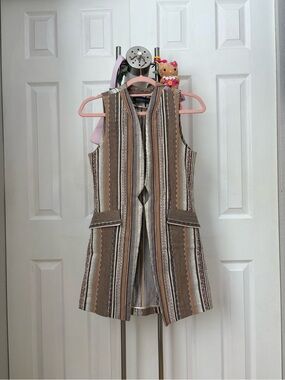 Striped Sleeveless Long Vest in Brown & Cream